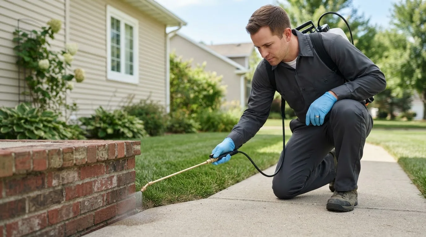 Pest control technician treating a home near Bladensburg, OH