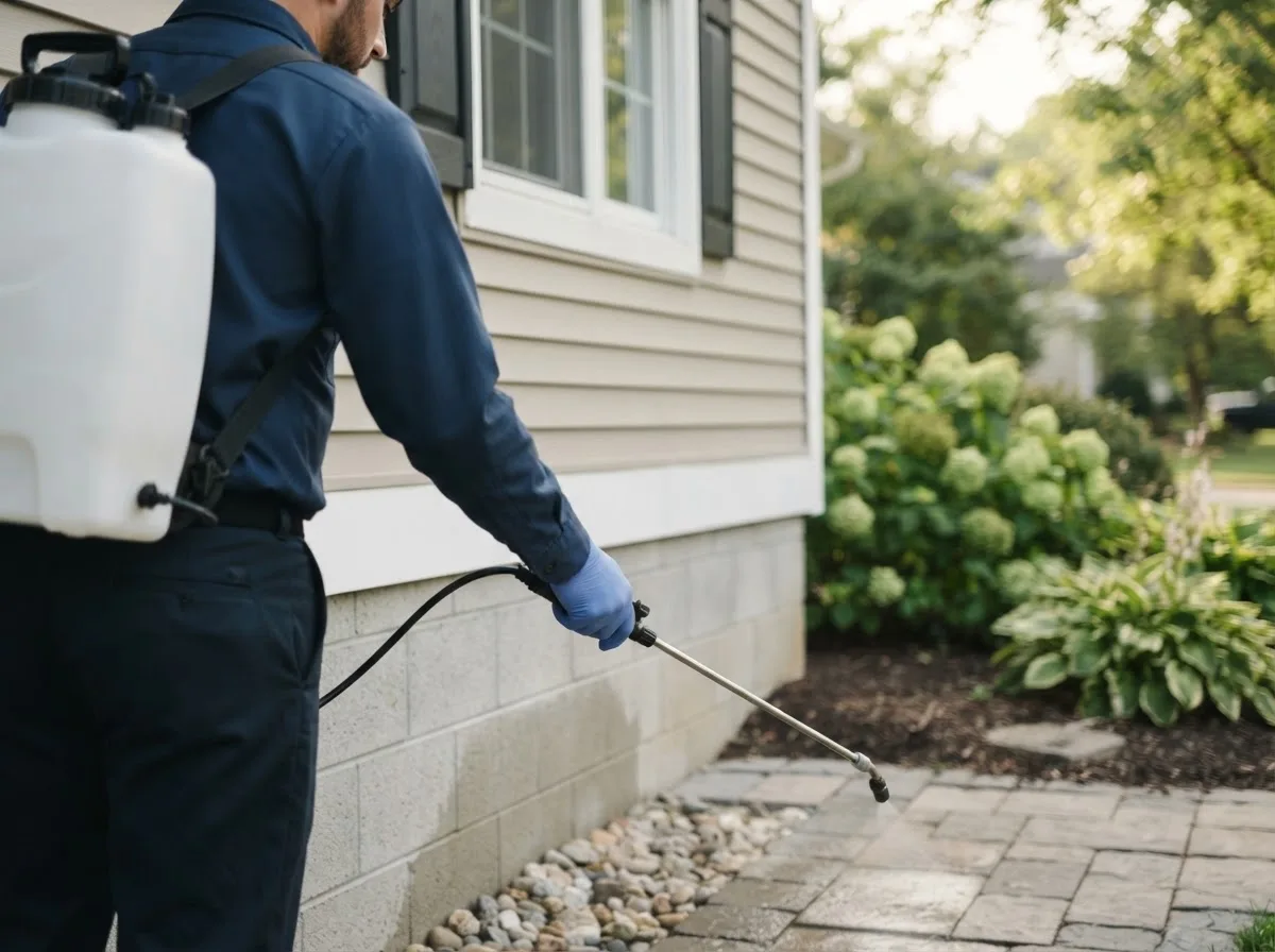 Pest control technician inspecting a home in Bladensburg, OH